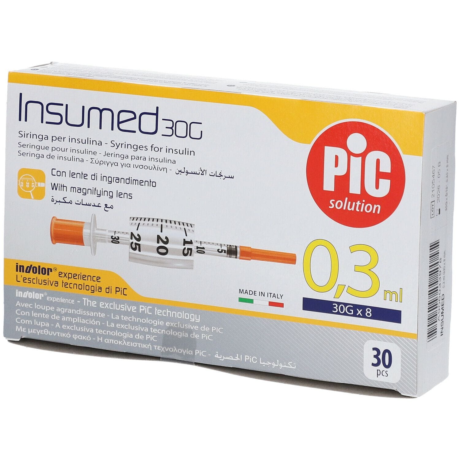 Siringa Per Insulina Pic Insumed 0,3 Ml 100 Ui Spazio Zero Ago 30 Gauge 8 Mm 3 Sacchetti Da 10 Pezzi