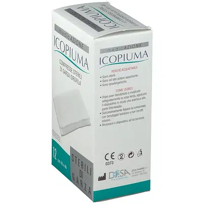 ICOPIUMA GARZA COMPRESSA IDROFILA IN COTONE PIEGATA STERILE SENZA FILO DI BARIO TITOLO 12/8 MISURA 18X40 CM IN BUSTA SINGOLA 12 PEZZI ICOPIUMA GARZA COMPRESSA IDROFILA IN COTONE PIEGATA STERILE SENZA FILO DI BARIO TITOLO 12/8 MISURA 18X40 CM IN BUSTA SINGOLA 12 PEZZI