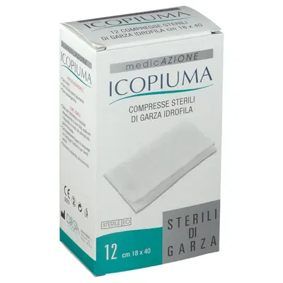 ICOPIUMA GARZA COMPRESSA IDROFILA IN COTONE PIEGATA STERILE SENZA FILO DI BARIO TITOLO 12/8 MISURA 18X40 CM IN BUSTA SINGOLA 12 PEZZI ICOPIUMA GARZA COMPRESSA IDROFILA IN COTONE PIEGATA STERILE SENZA FILO DI BARIO TITOLO 12/8 MISURA 18X40 CM IN BUSTA SINGOLA 12 PEZZI