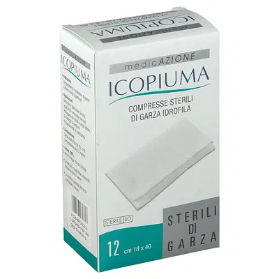 ICOPIUMA GARZA COMPRESSA IDROFILA IN COTONE PIEGATA STERILE SENZA FILO DI BARIO TITOLO 12/8 MISURA 18X40 CM IN BUSTA SINGOLA 12 PEZZI ICOPIUMA GARZA COMPRESSA IDROFILA IN COTONE PIEGATA STERILE SENZA FILO DI BARIO TITOLO 12/8 MISURA 18X40 CM IN BUSTA SINGOLA 12 PEZZI