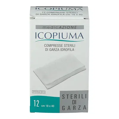ICOPIUMA GARZA COMPRESSA IDROFILA IN COTONE PIEGATA STERILE SENZA FILO DI BARIO TITOLO 12/8 MISURA 18X40 CM IN BUSTA SINGOLA 12 PEZZI ICOPIUMA GARZA COMPRESSA IDROFILA IN COTONE PIEGATA STERILE SENZA FILO DI BARIO TITOLO 12/8 MISURA 18X40 CM IN BUSTA SINGOLA 12 PEZZI