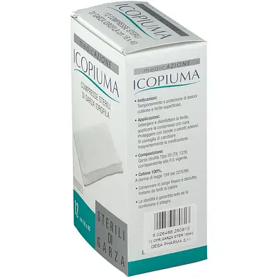 ICOPIUMA GARZA COMPRESSA IDROFILA IN COTONE PIEGATA STERILE SENZA FILO DI BARIO TITOLO 12/8 MISURA 18X40 CM IN BUSTA SINGOLA 12 PEZZI ICOPIUMA GARZA COMPRESSA IDROFILA IN COTONE PIEGATA STERILE SENZA FILO DI BARIO TITOLO 12/8 MISURA 18X40 CM IN BUSTA SINGOLA 12 PEZZI