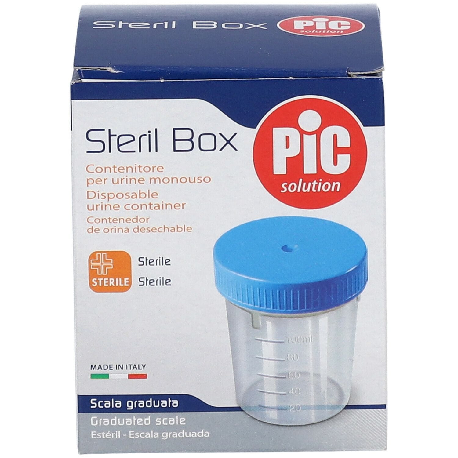 CONTENITORE PIC STERILE TRASPARENTE PER ANALISI DEI FLUIDI ORGANICI 100 ML TAPPO A VITE + ETICHETTA AUTOADESIVA