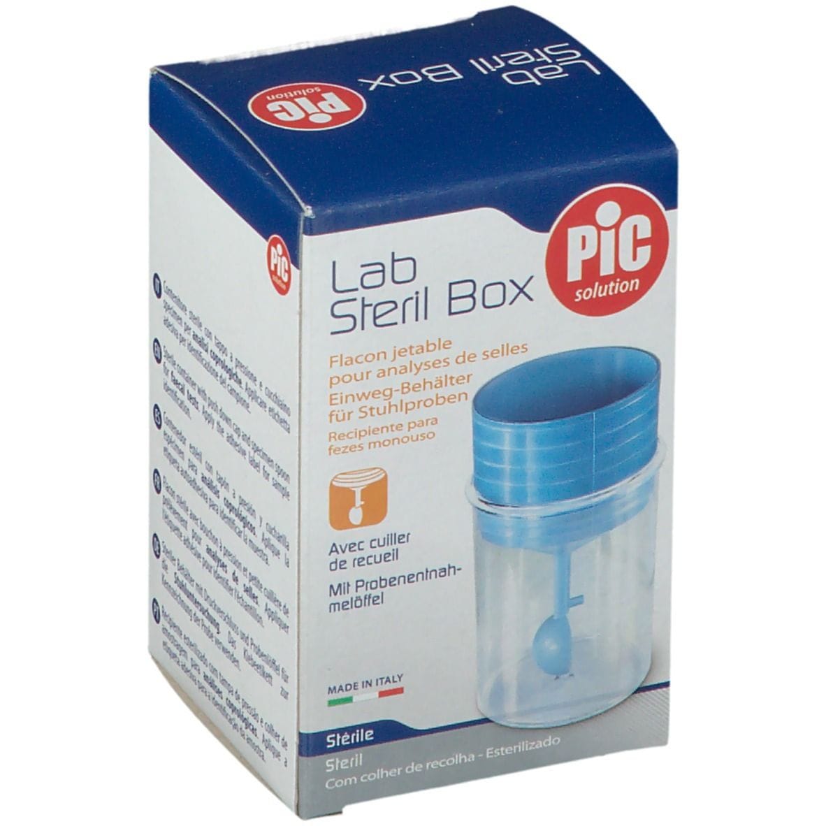 CONTENITORE PIC STERILE TRASPARENTE PER ANALISI COPROLOGICHE+ CUCCHIAINO SPECIMEN TAPPO A VITE ETICHETTA AUTOADESIVA