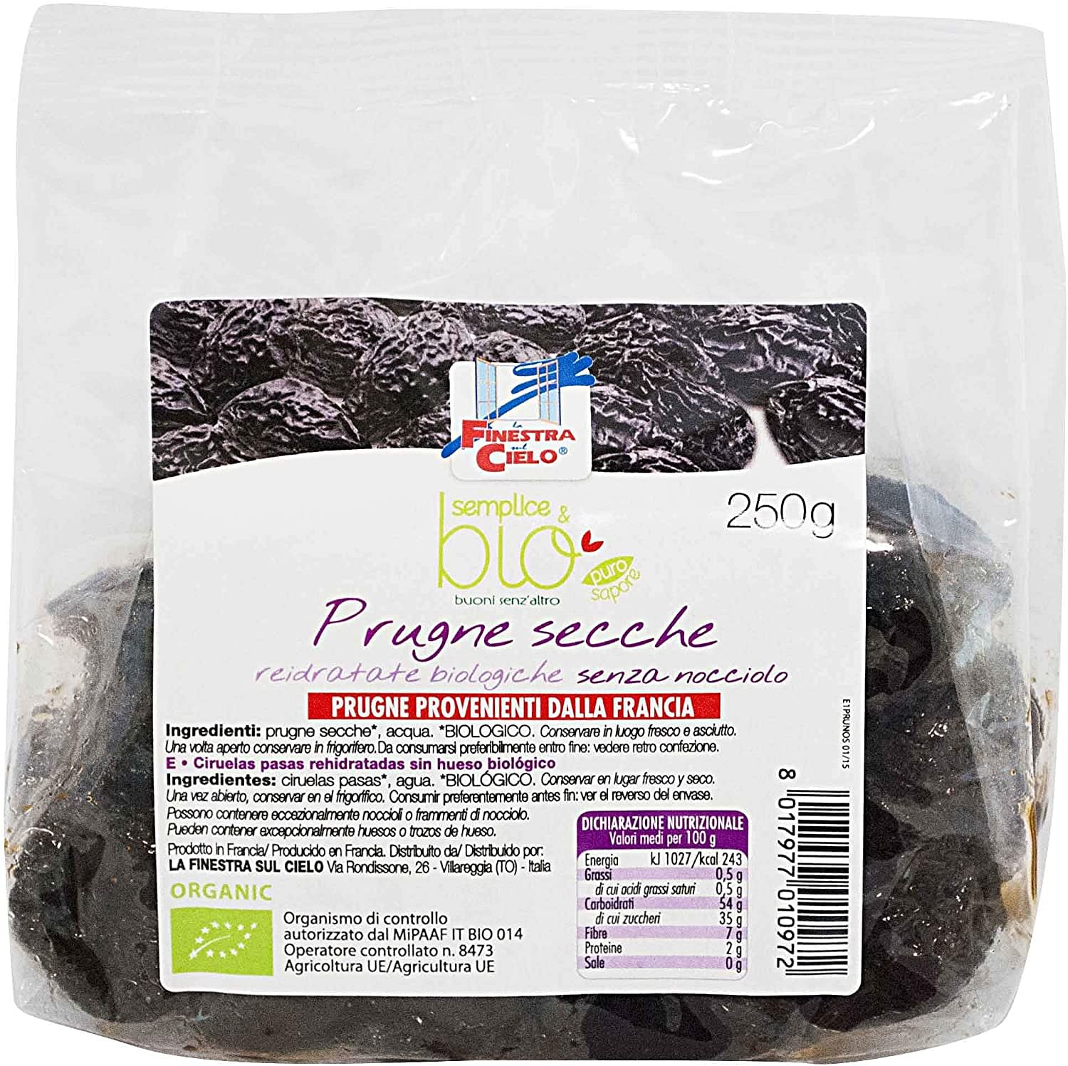 Prugne Secche Reidratate Senza Nocciolo Bio 250 G