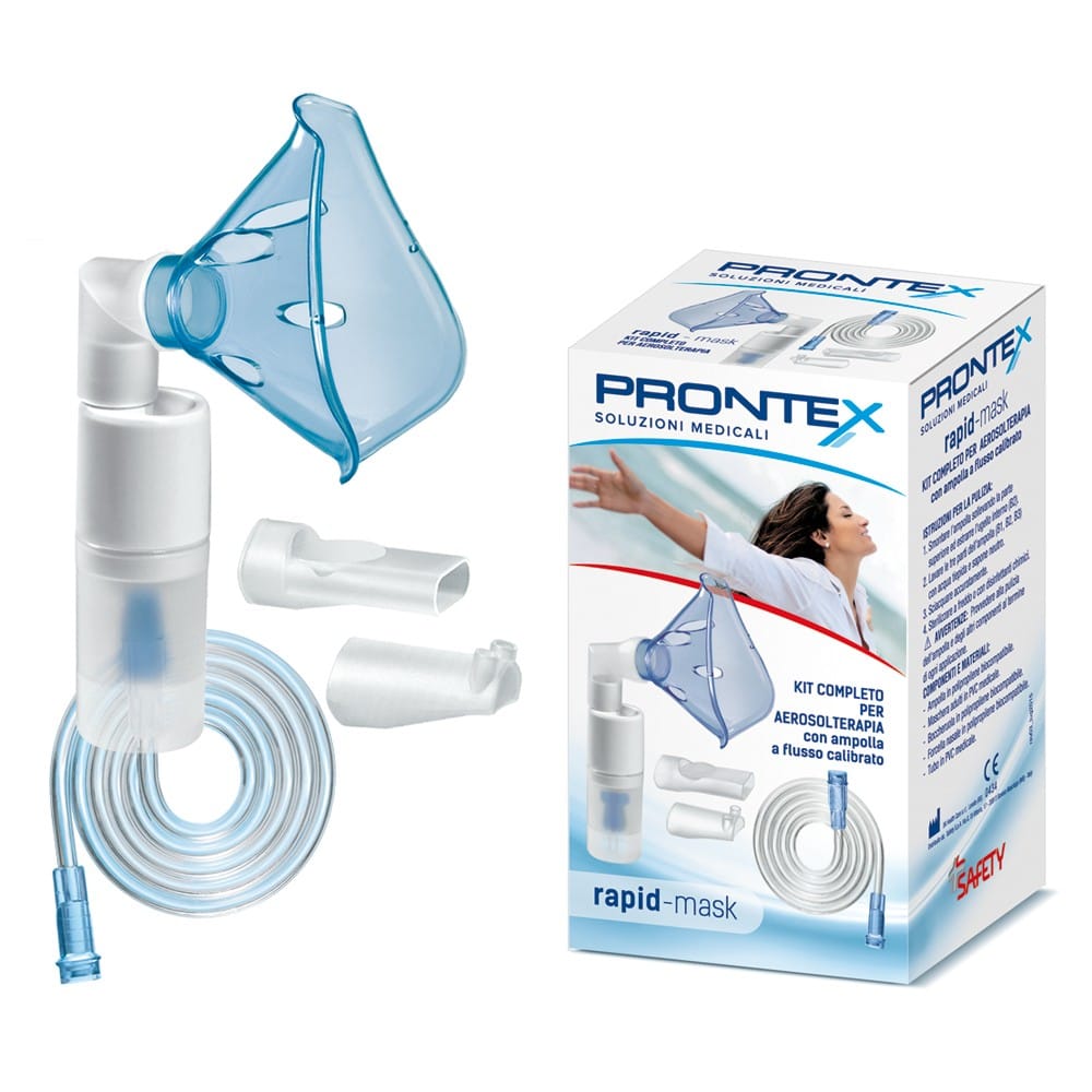 Kit Completo Prontex Rapid Mask Per Aerosolterapia Con Ampolla Plastica +Maschera Per Adulti +Tubo Pressione +Accessorio Nasale +Boccheruola