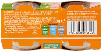 PLASMON OMOGENEIZZATO VITELLO PROSCIUTTO COTTO 80 G X 2 PEZZI PLASMON OMOGENEIZZATO VITELLO PROSCIUTTO COTTO 80 G X 2 PEZZI