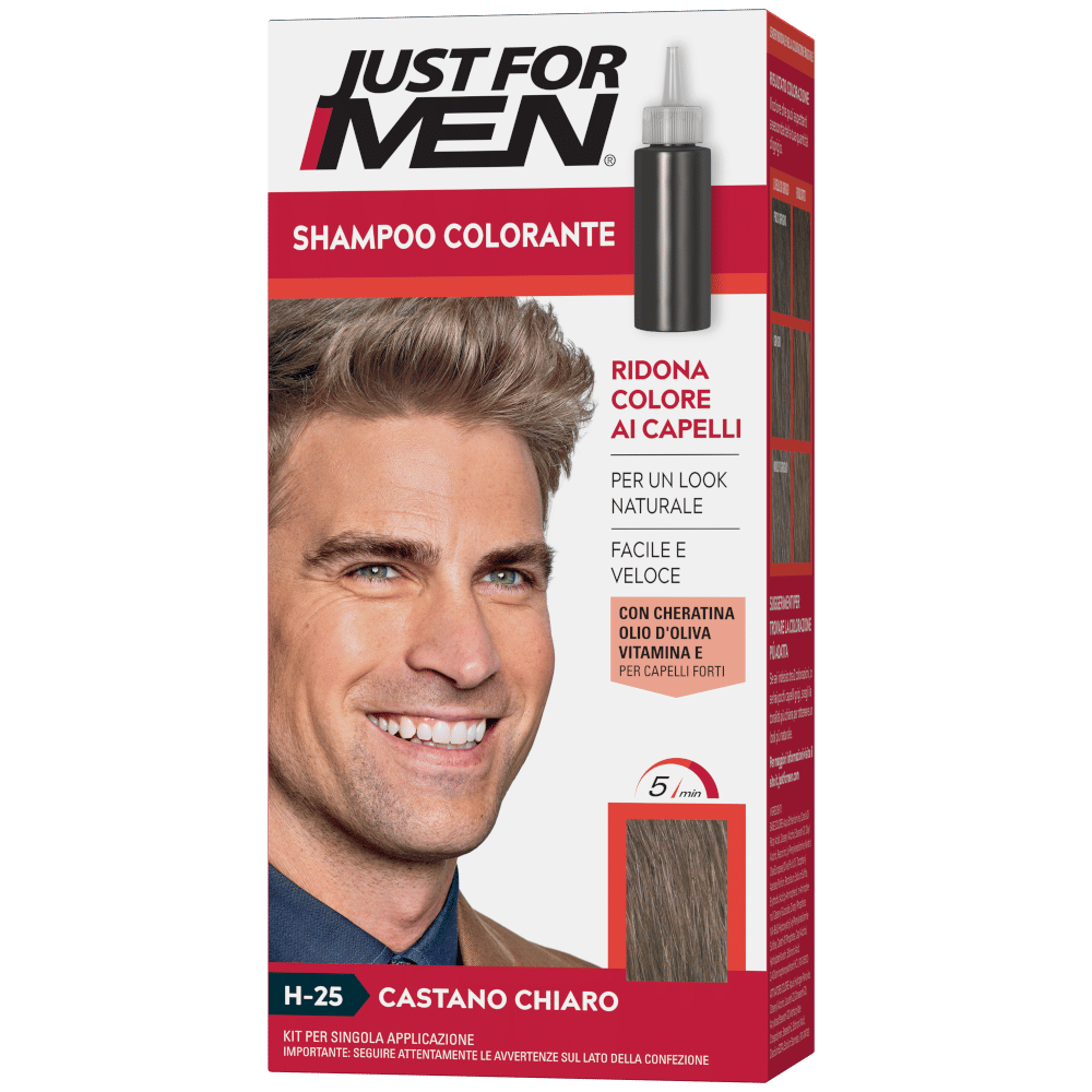 Just For Men Shampoo Colorante H25 Castano Chiaro Attivatore Chiaro 38,5 Ml + Base Colore 27,5 Ml