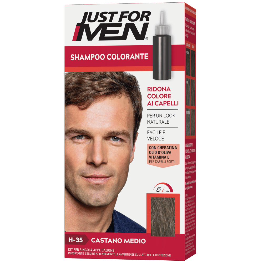 JUST FOR MEN SHAMPOO COLORANTE H35 CASTANO MEDIO ATTIVATORE CHIARO 38,5 ML + BASE COLORE 27,5 ML