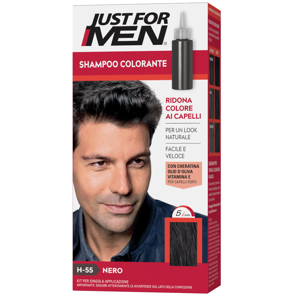 JUST FOR MEN SHAMPOO COLORANTE H55 NERO ATTIVATORE CHIARO 38,5 ML + BASE COLORE 27,5 ML
