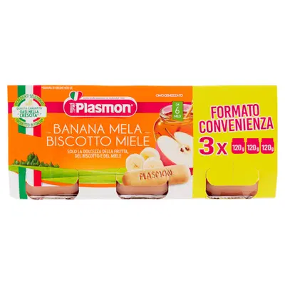PLASMON OMOGENEIZZATO BANANA/MELA/BISCOTTI/MIELE 120 G X 3 PEZZI PLASMON OMOGENEIZZATO BANANA/MELA/BISCOTTI/MIELE 120 G X 3 PEZZI