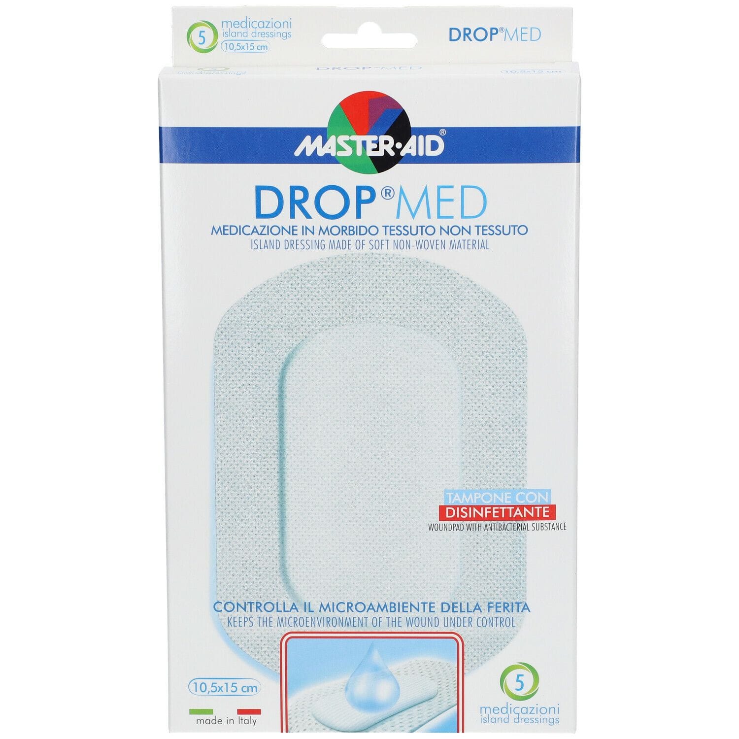 MEDICAZIONE COMPRESSA AUTOADESIVA DERMOATTIVA IPOALLERGENICA AERATA MASTER-AID DROP MED 10,5X15 5 PEZZI