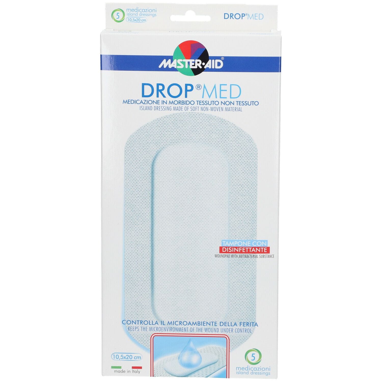 MEDICAZIONE COMPRESSA AUTOADESIVA DERMOATTIVA IPOALLERGENICA AERATA MASTER-AID DROP MED 10,5X20 5 PEZZI