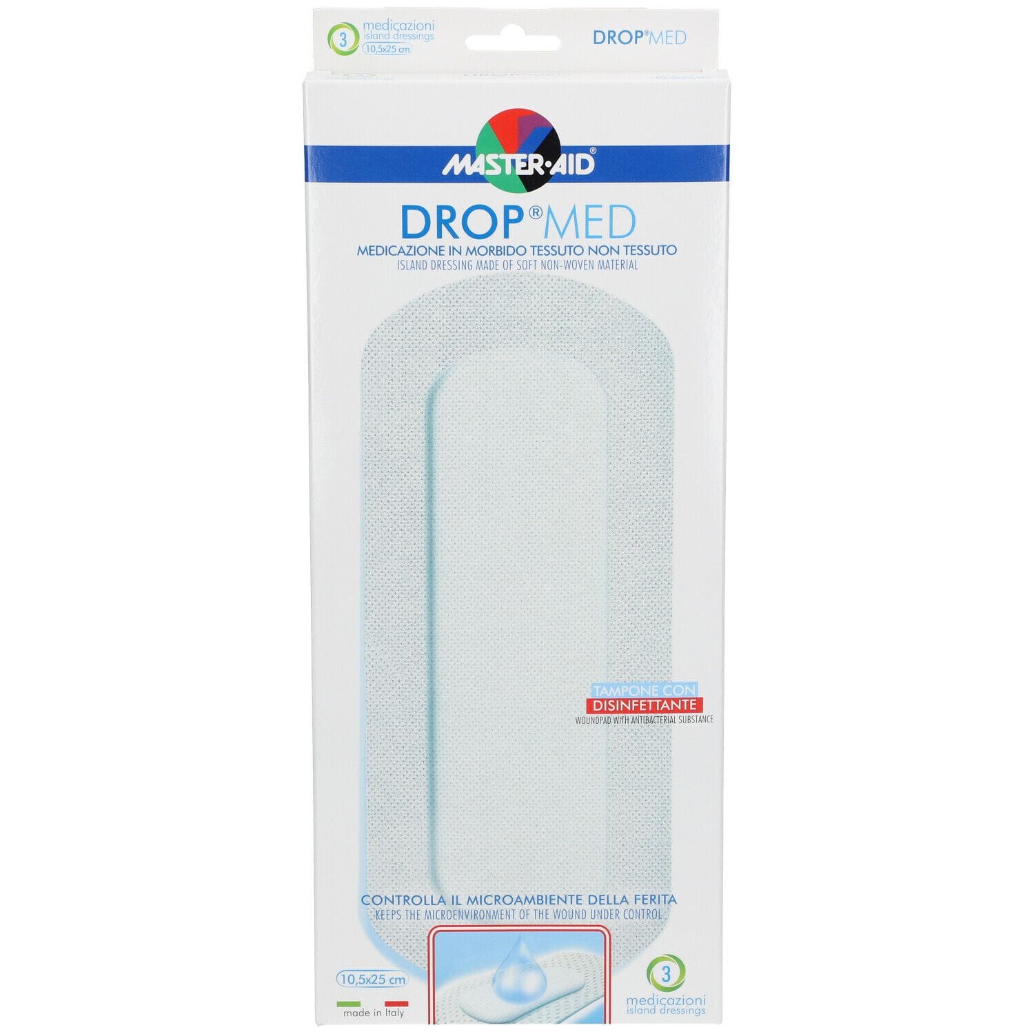 MEDICAZIONE COMPRESSA AUTOADESIVA DERMOATTIVA IPOALLERGENICA AERATA MASTER-AID DROP MED 10,5X25 3 PEZZI