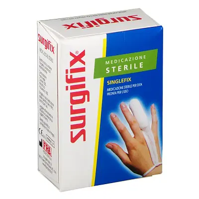 MEDICAZIONE STERILE PER DITO SINGLEFIX, COSTITUITA DA UNA GUAINA IN COTONE E DA UN'IMBOTTITURA INTERNA ASSORBENTE. SI APPLICA DIRETTAMENTE SULLA FERITA E SI FISSA AL POLSO MEDICAZIONE STERILE PER DITO SINGLEFIX, COSTITUITA DA UNA GUAINA IN COTONE E DA UN'IMBOTTITURA INTERNA ASSORBENTE. SI APPLICA DIRETTAMENTE SULLA FERITA E SI FISSA AL POLSO