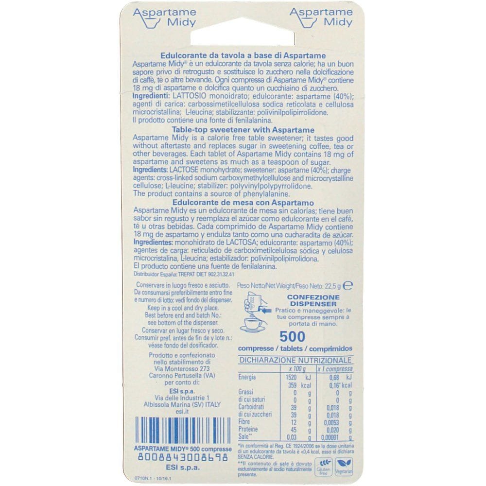 Dolcificante ipocalorico ESI Aspartame Midy, 500 compresse
