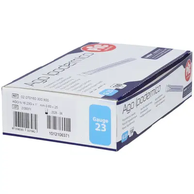 AGO STERILE PIC IN BLISTER SINGOLO CONO LUER LOCK GAUGE21 0,60X25MM CODICE COLORE BLU CHIARO 100 PEZZI AGO STERILE PIC IN BLISTER SINGOLO CONO LUER LOCK GAUGE21 0,60X25MM CODICE COLORE BLU CHIARO 100 PEZZI