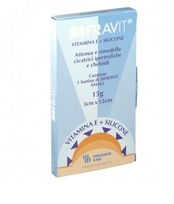 PLACCA IN SILICONE E VITAMINA E SIFRAVIT DIMENSIONI 3X12CM. INDICATA NEL TRATTAMENTO DI CHELOIDI E CICATRICI IPERTROFICHE CONSEGUENTI AD INTERVENTI CHIRURGICI USTIONI E FERITE