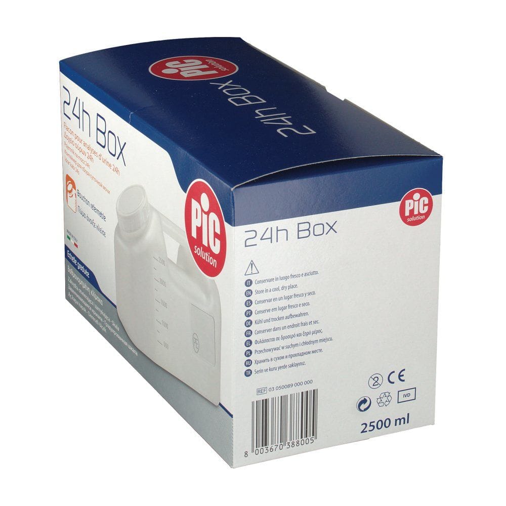 CONTENITORE A TANICA PER LA RACCOLTA DELLE URINE 24 ORE,IN POLIETILENE TRASPARENTE+TAPPO A VITE CON SCALA GRADUATA DA 500 A 2500ML