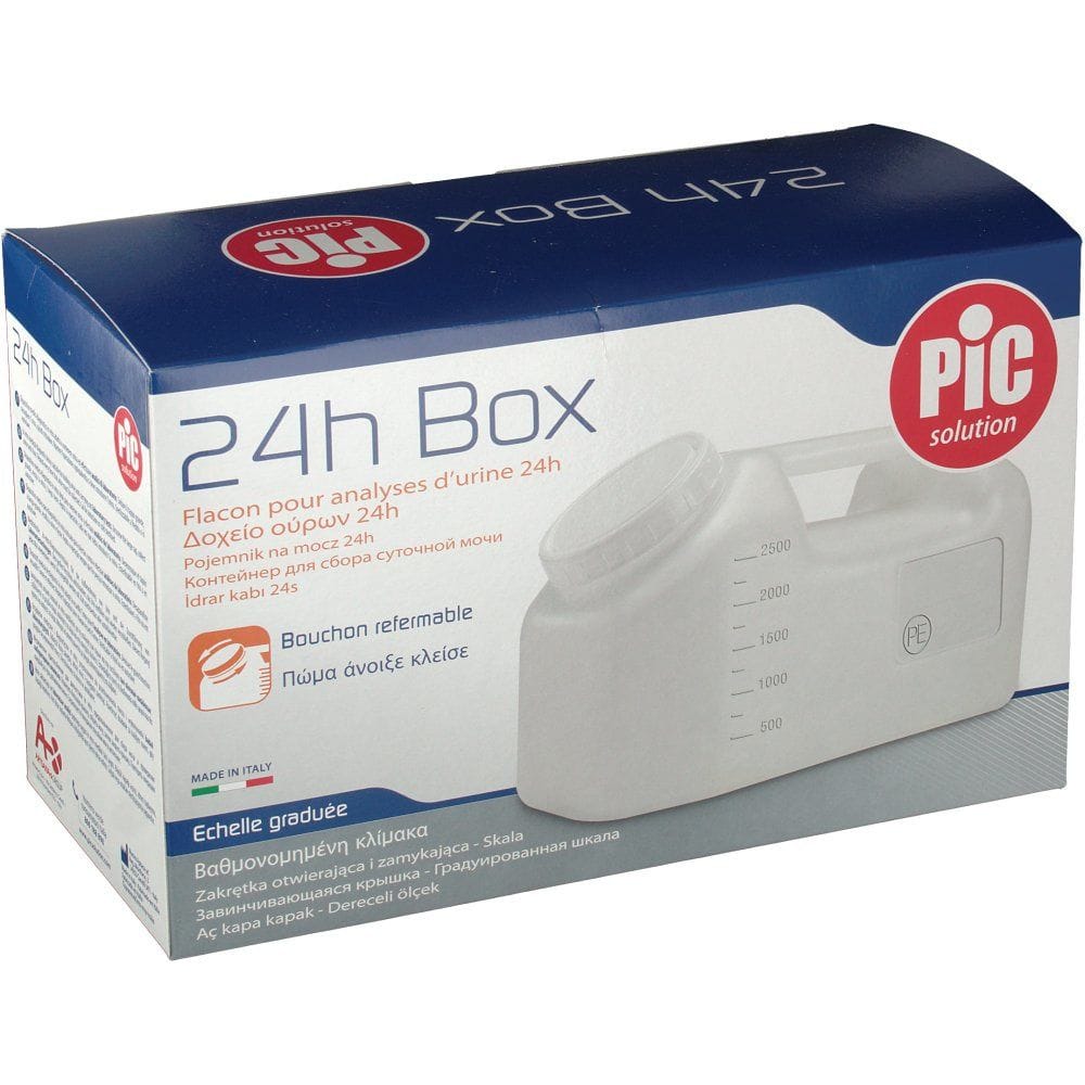 CONTENITORE A TANICA PER LA RACCOLTA DELLE URINE 24 ORE,IN POLIETILENE TRASPARENTE+TAPPO A VITE CON SCALA GRADUATA DA 500 A 2500ML