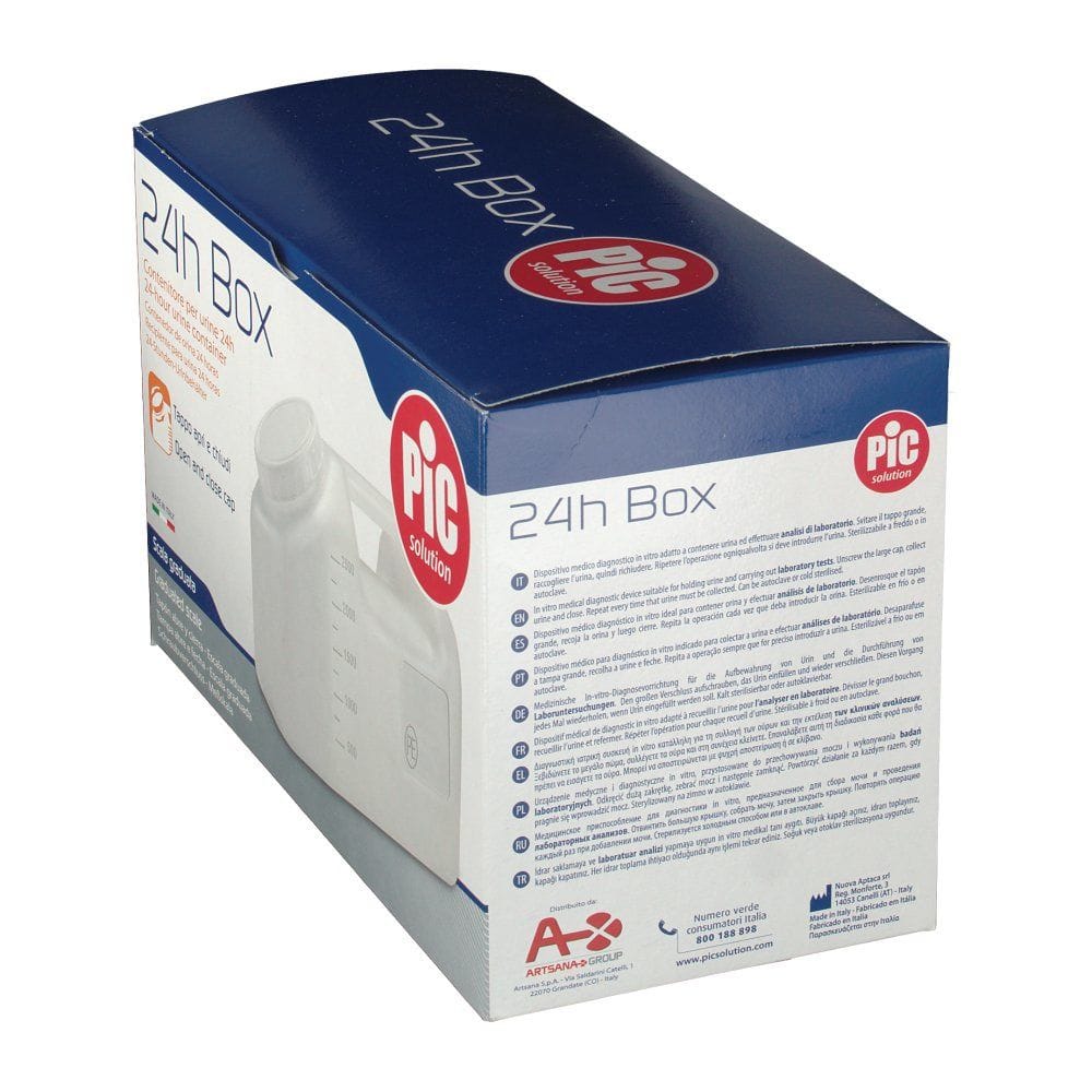 CONTENITORE A TANICA PER LA RACCOLTA DELLE URINE 24 ORE,IN POLIETILENE TRASPARENTE+TAPPO A VITE CON SCALA GRADUATA DA 500 A 2500ML