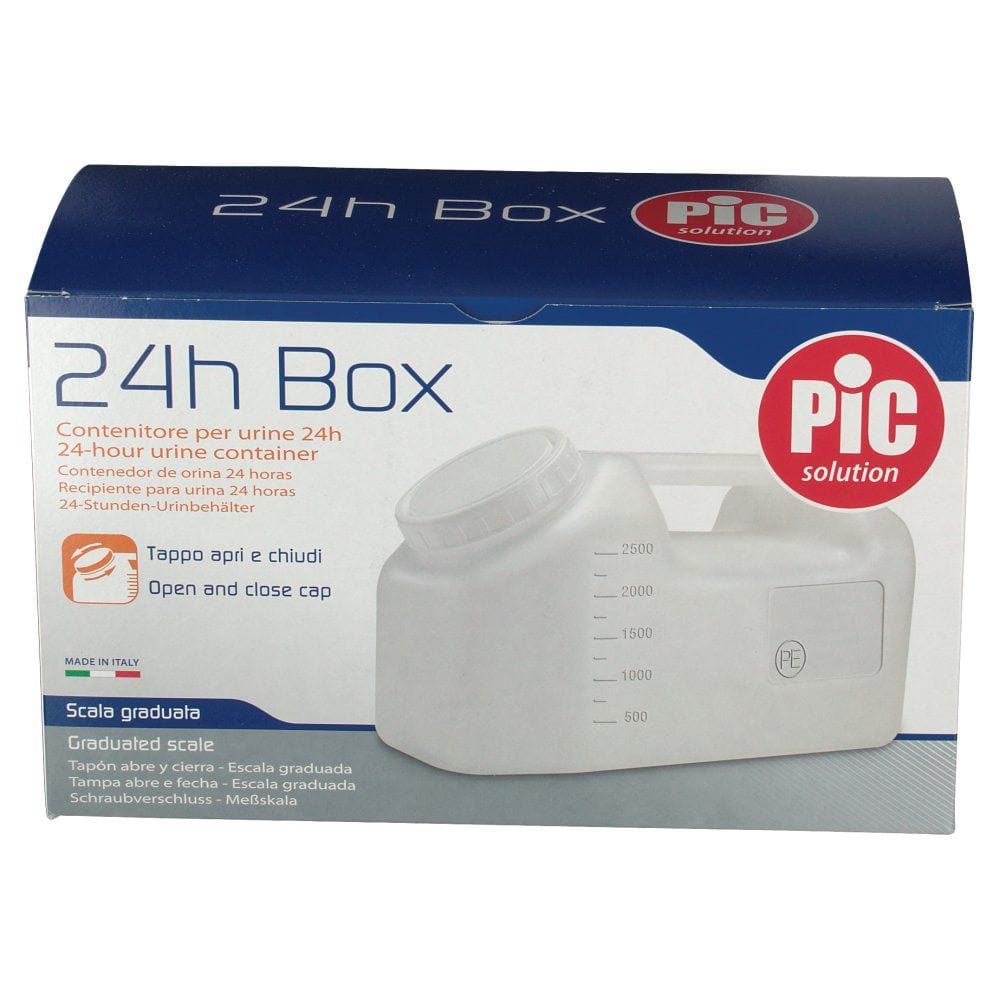 CONTENITORE A TANICA PER LA RACCOLTA DELLE URINE 24 ORE,IN POLIETILENE TRASPARENTE+TAPPO A VITE CON SCALA GRADUATA DA 500 A 2500ML