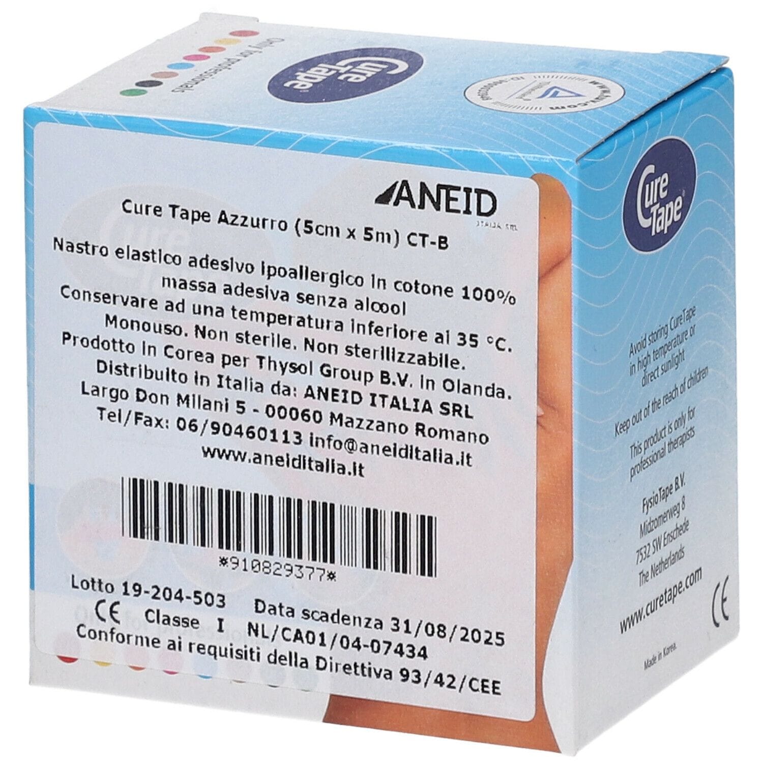 Nastro kinesiologico Cure Tape Azzurro in cotone, 5x500 cm