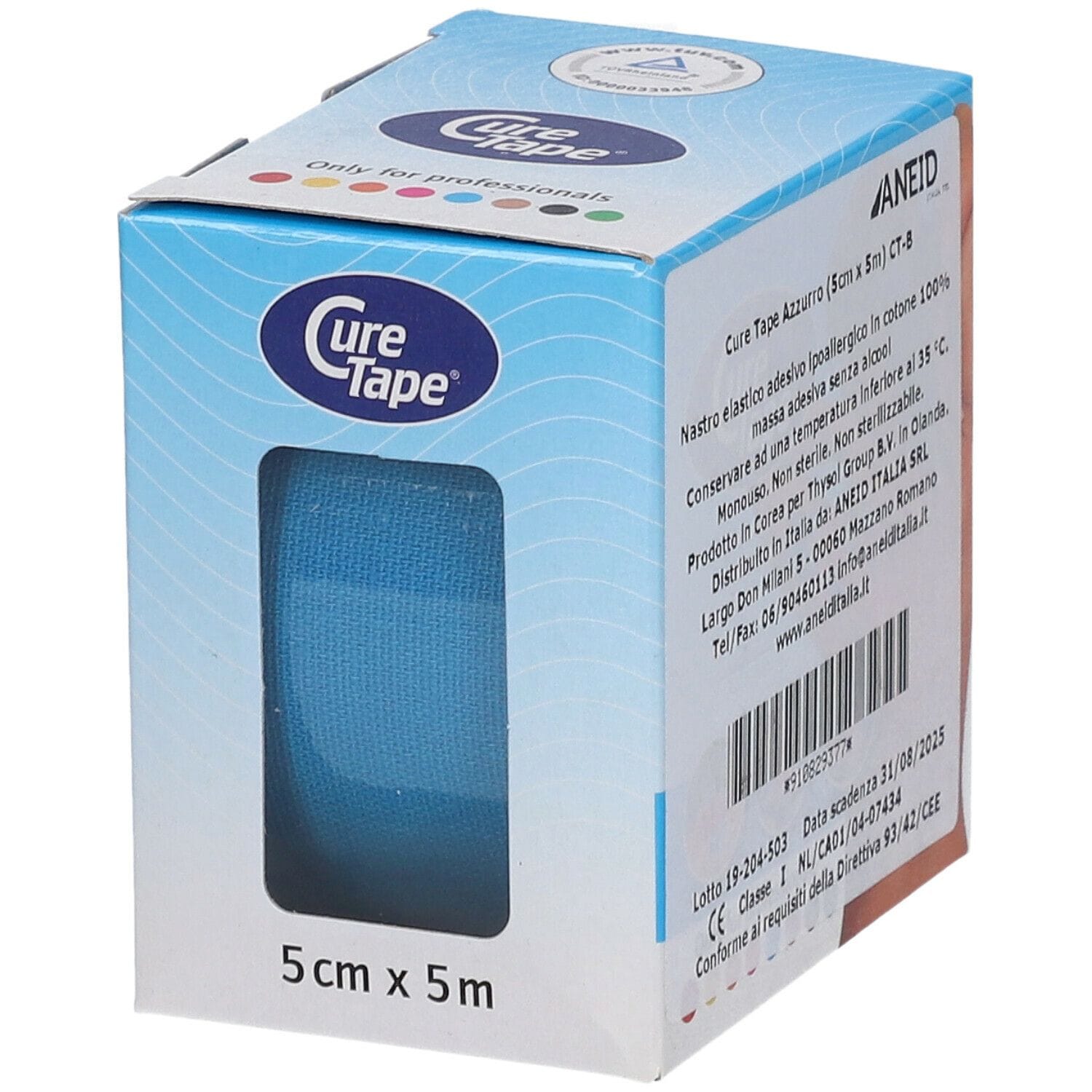 Nastro kinesiologico Cure Tape Azzurro in cotone, 5x500 cm