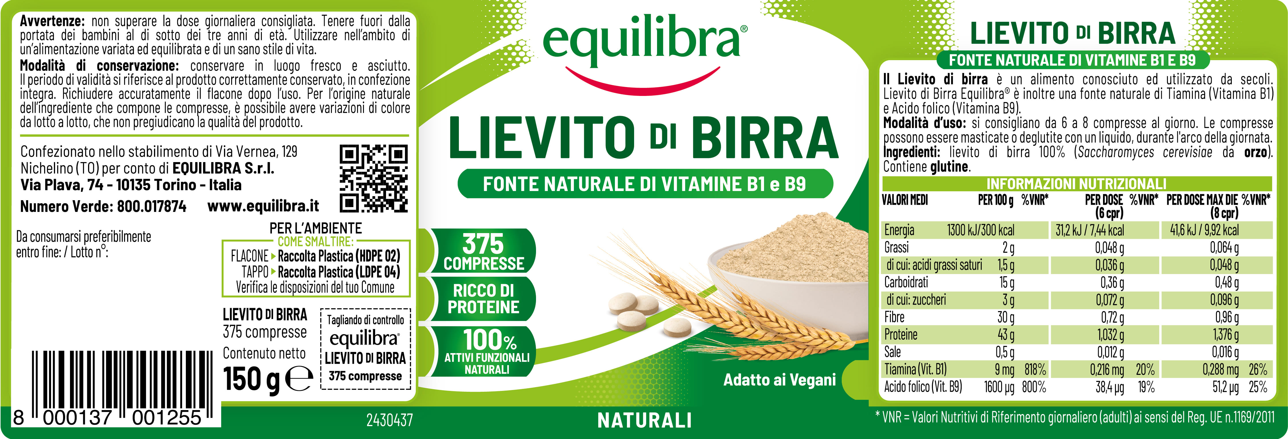 Lievito di Birra Equilibra 375 compresse, Saccharomyces cerevisiae