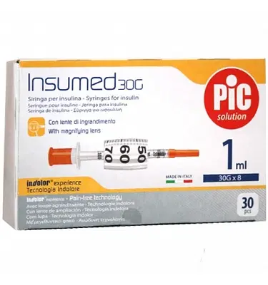 SIRINGA PER INSULINA PIC INSUMED 1 ML 100 UI AGO GAUGE 30 LUNGHEZZA 8 MM SENZA SPAZIO MORTO 3 SACCHETTI DA 10 PEZZI SIRINGA PER INSULINA PIC INSUMED 1 ML 100 UI AGO GAUGE 30 LUNGHEZZA 8 MM SENZA SPAZIO MORTO 3 SACCHETTI DA 10 PEZZI