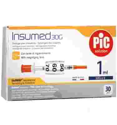 SIRINGA PER INSULINA PIC INSUMED 1 ML 100 UI AGO GAUGE 30 LUNGHEZZA 8 MM SENZA SPAZIO MORTO 3 SACCHETTI DA 10 PEZZI