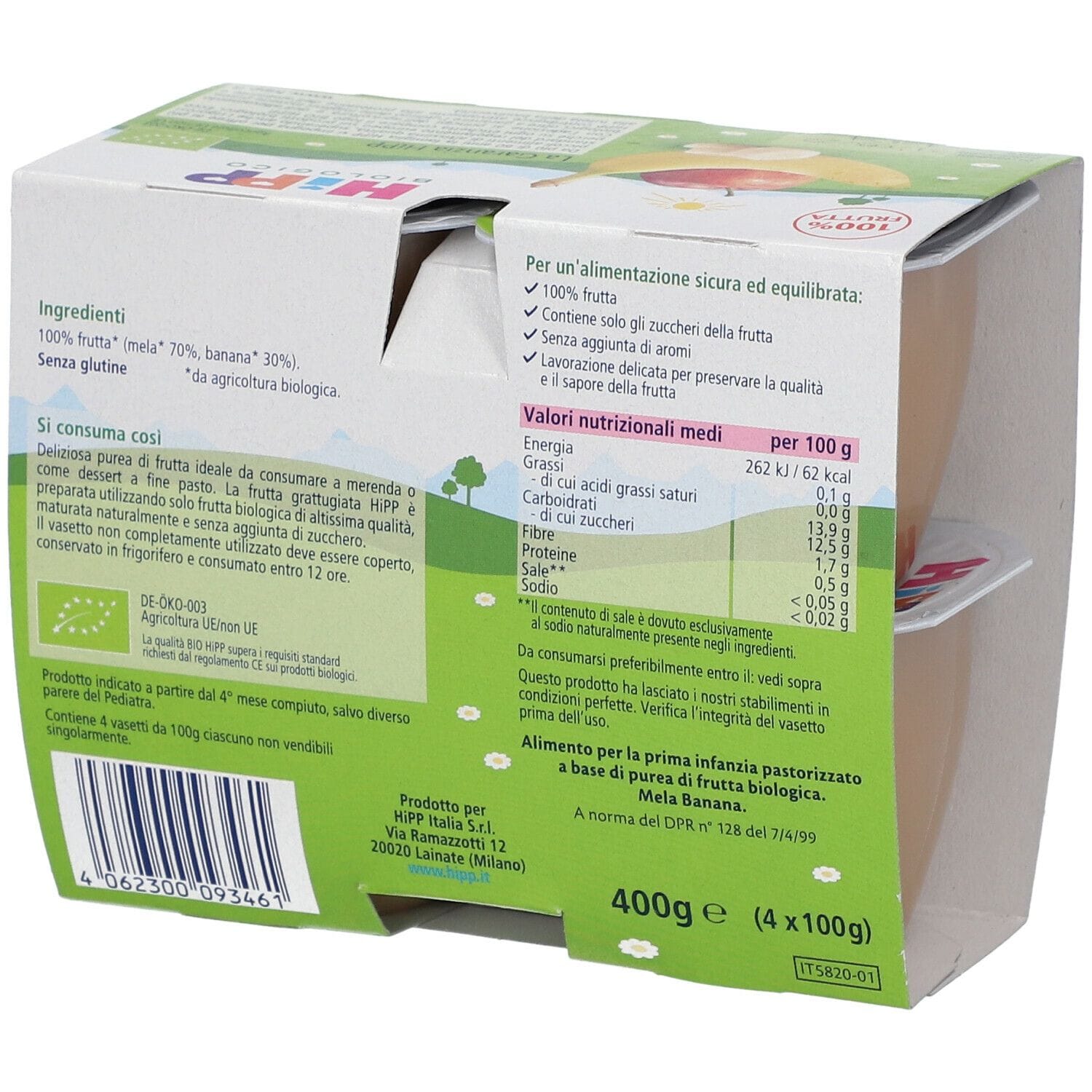 HIPP BIO MINI DESSERT MELA/BANANA 4 VASETTI X 100 G SENZA ZUCCHERI AGGIUNTI E SENZA GLUTINE