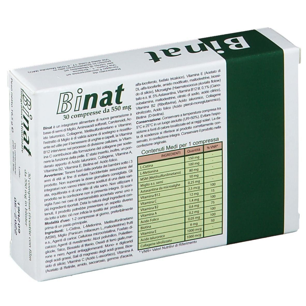 Integratore Binat per capelli, unghie e pelle, 30 compresse