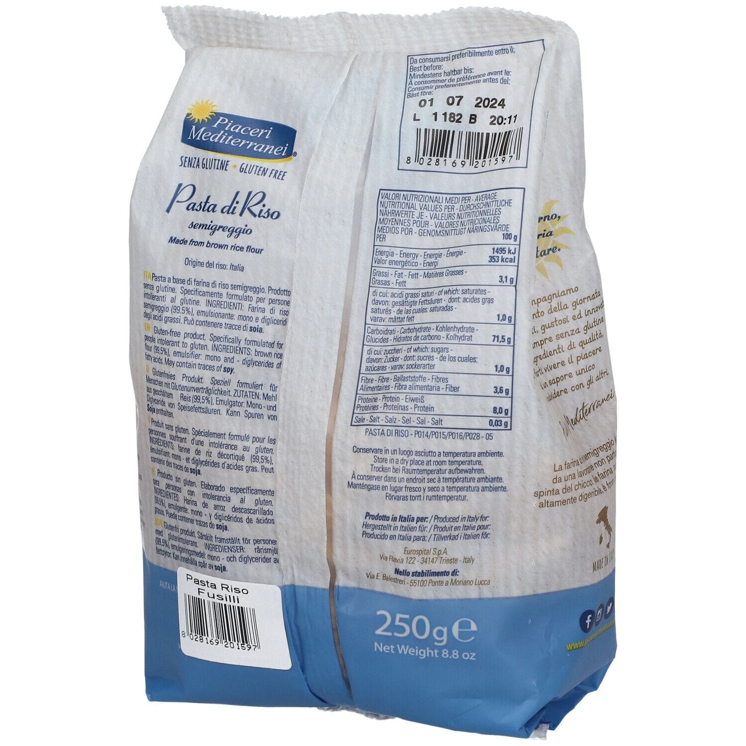 PIACERI MEDITERRANEI PASTA RISO FUSILLI 250 G