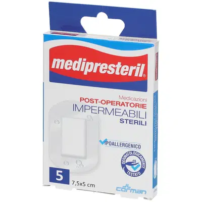 MEDICAZIONE POST OPERATORIA MEDIPRESTERIL IMPERMEABILE 7,5X5CM 5 PEZZI MEDICAZIONE POST OPERATORIA MEDIPRESTERIL IMPERMEABILE 7,5X5CM 5 PEZZI