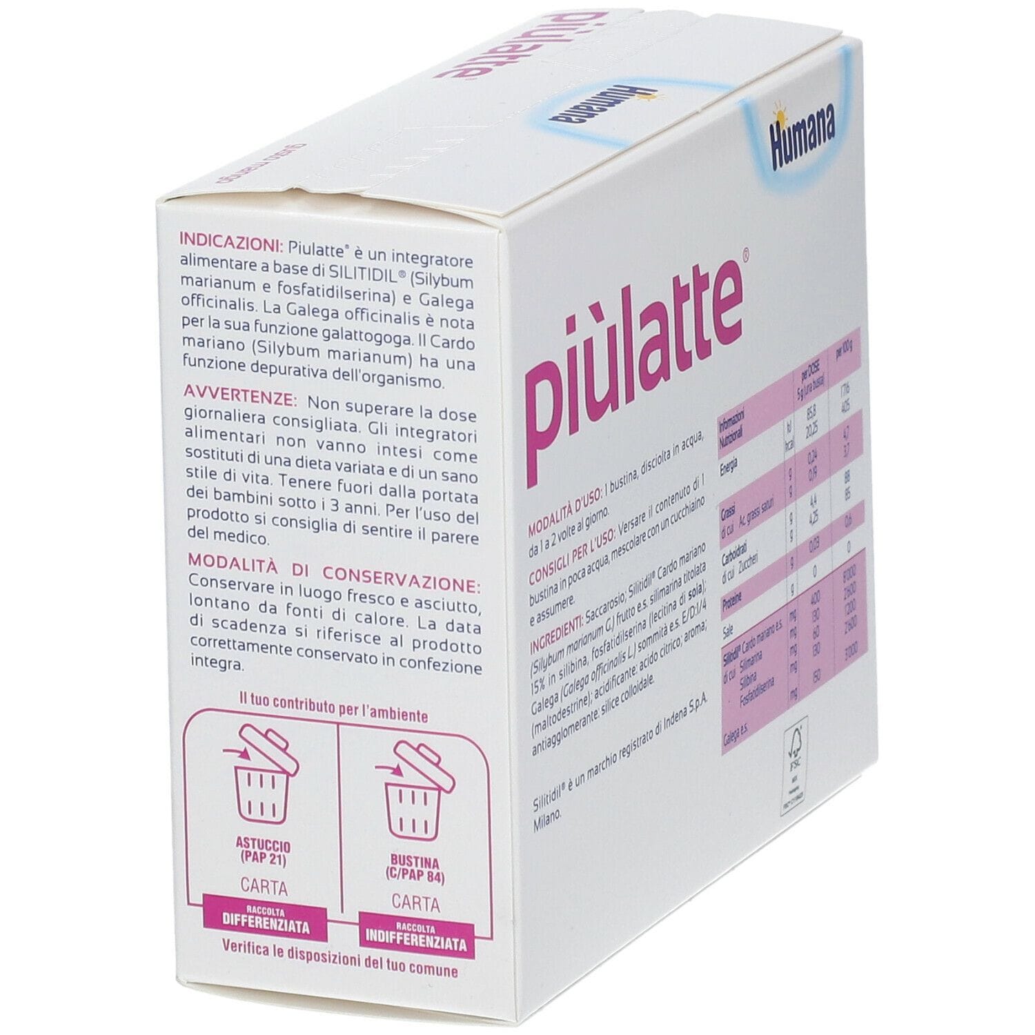 Integratore Piulatte Humana per l'allattamento, 14 bustine