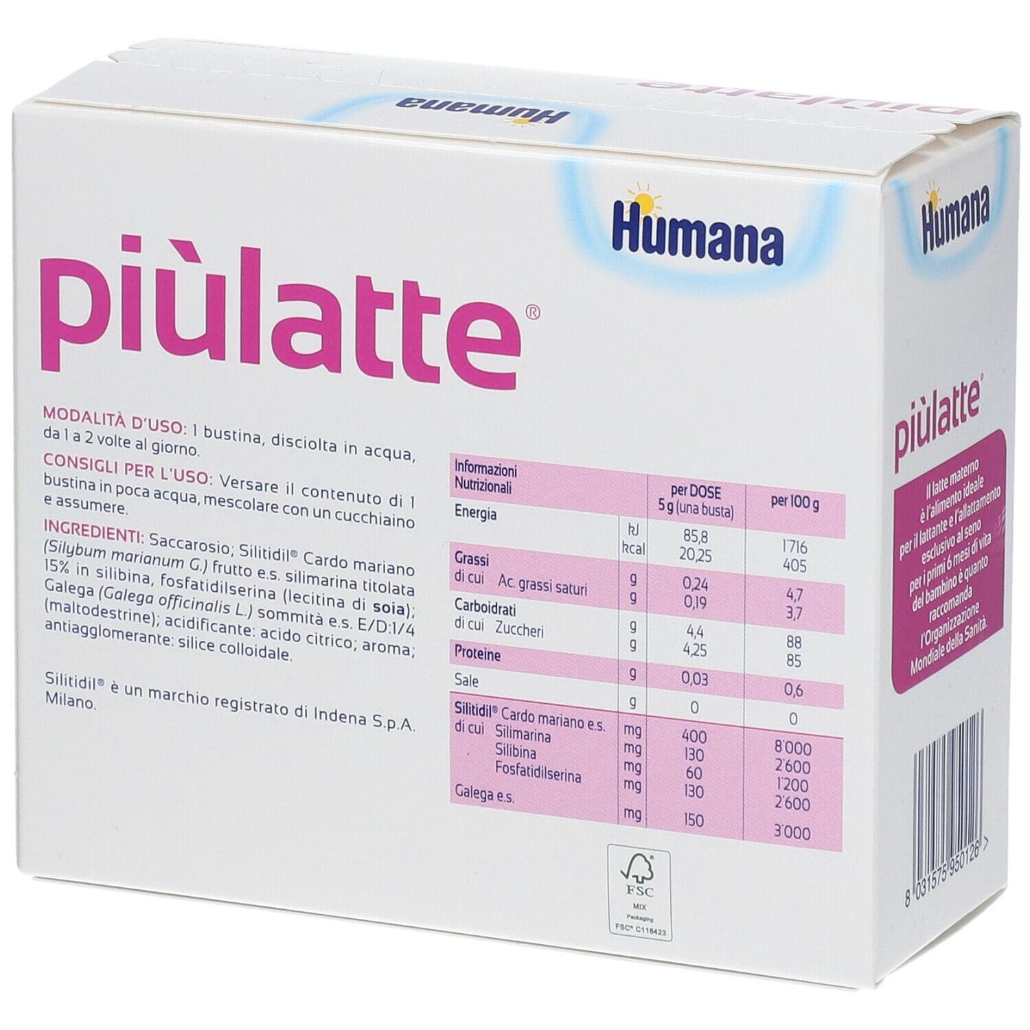 Integratore Piulatte Humana per l'allattamento, 14 bustine