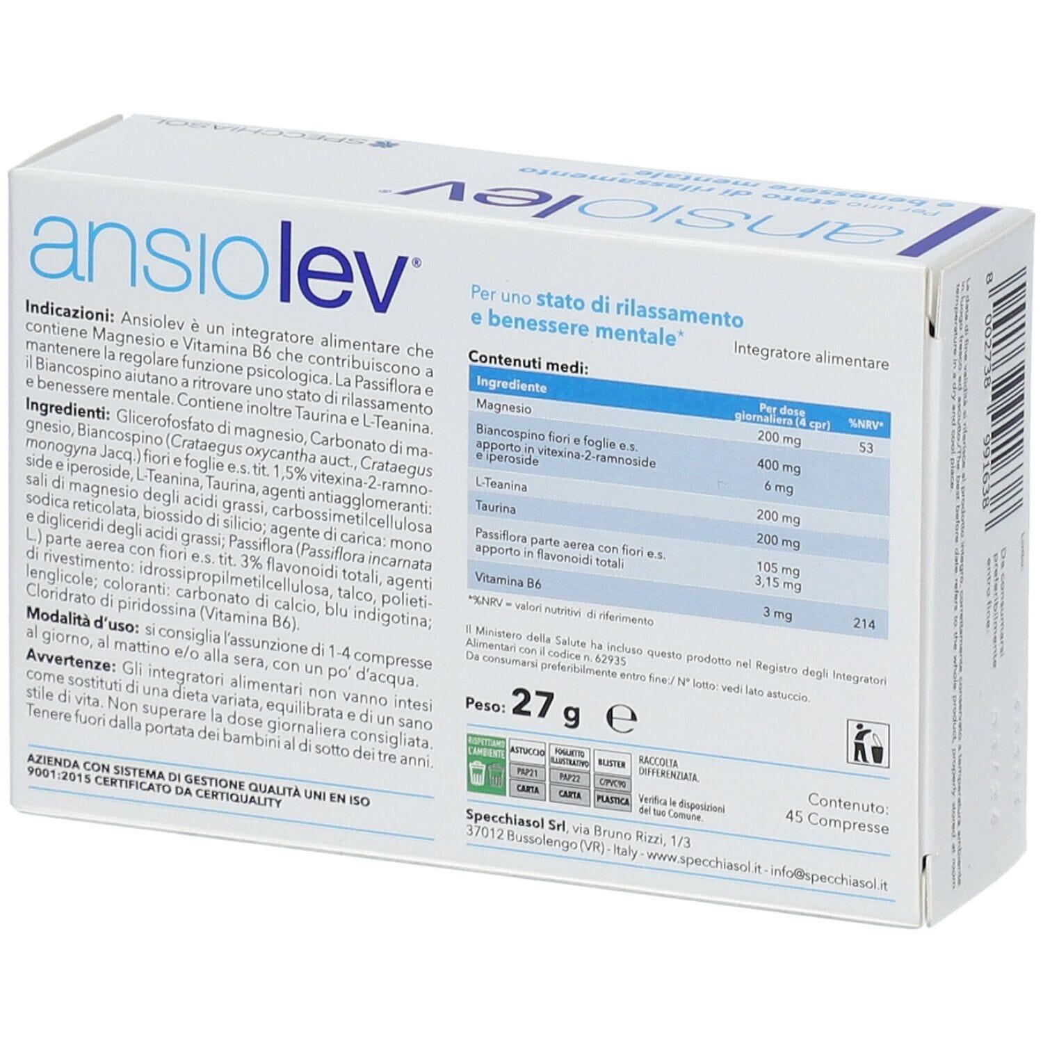 Integratore Ansiolev Specchiasol per relax e stress, 45 compresse