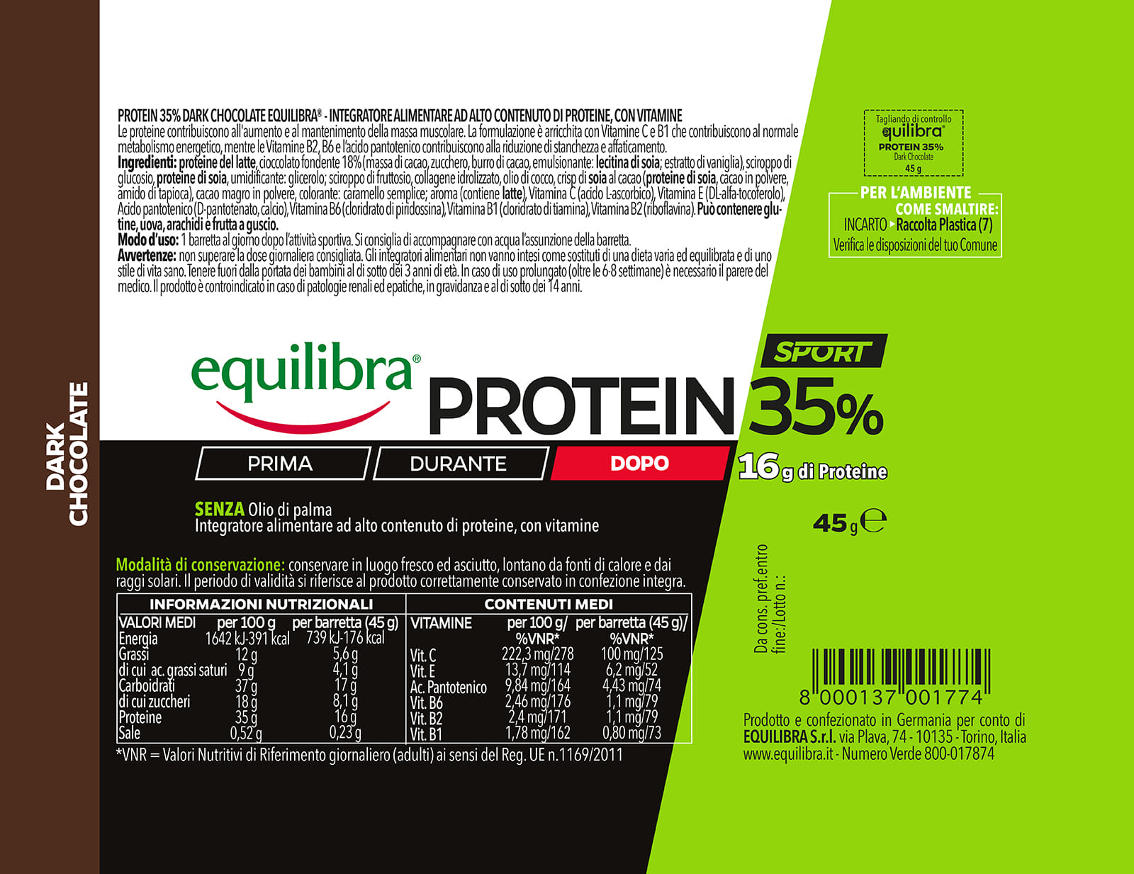 PROTEIN 35% BARRETTA DARK CHOCOLATE 45 G