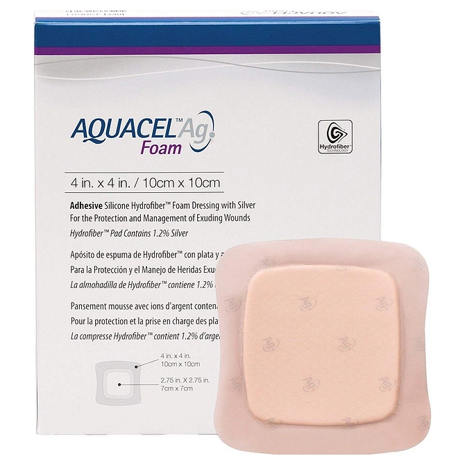 Medicazione Sterile In Schiuma Di Poliuretano Idrocellulare Aquacel Ag Foam Adesiva Assorbente 10 X10 Cm 10 Pezzi
