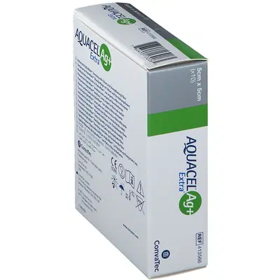 MEDICAZIONE IN HYDROFIBER E IONI ARGENTO INTESSUTA IN LYOCELL AQUACEL AG + EXTRA 5X5CM 10 PEZZI MEDICAZIONE IN HYDROFIBER E IONI ARGENTO INTESSUTA IN LYOCELL AQUACEL AG + EXTRA 5X5CM 10 PEZZI