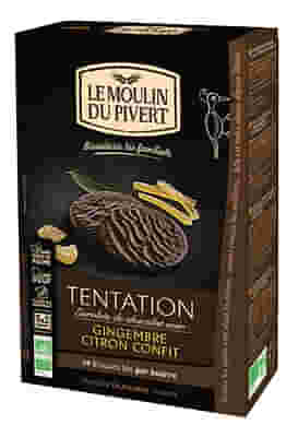 LE MOULIN DU PIVERT TENTATION ALLO ZENZERO E LIMONE RICOPERTI CON CIOCCOLATO FONDENTE BIO SENZA LIEVITO DI BIRRA 130 G