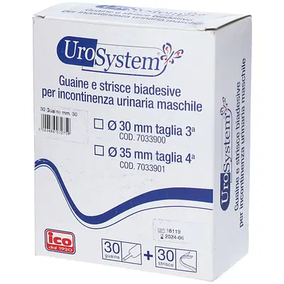 GUAINA PER INCONTINENZA UROSYSTEM DIAMETRO 30MM 30 PEZZI + 30 STRISCE BIADESIVE GUAINA PER INCONTINENZA UROSYSTEM DIAMETRO 30MM 30 PEZZI + 30 STRISCE BIADESIVE