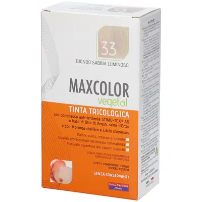 MAXCOLOR VEGETAL TINTA TRICOLOGICA 33 BIONDO SABBIA LUMINOSO 140 ML MAXCOLOR VEGETAL TINTA TRICOLOGICA 33 BIONDO SABBIA LUMINOSO 140 ML