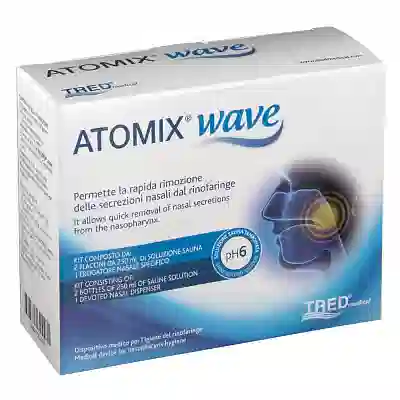 ATOMIX WAVE DISPOSITIVO PER IGIENE RINOFARINGEA ATOMIX SOLUZIONE SALINA 250 ML 2 PEZZI + TERMINALE NASALE + EROGATORE A SOFFIETTO