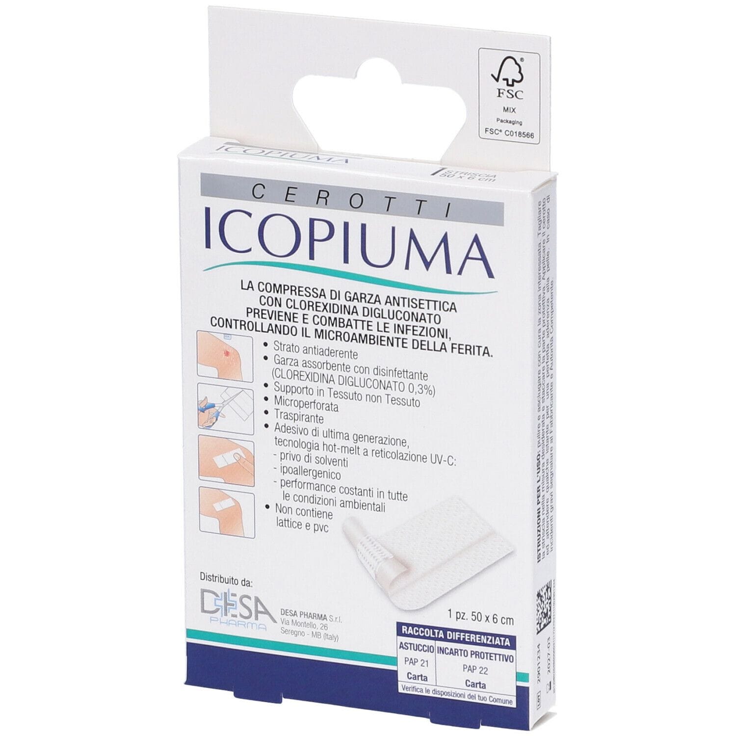 Cerotto Icopiuma TNT ipoallergenico con clorexidina, 6x50cm