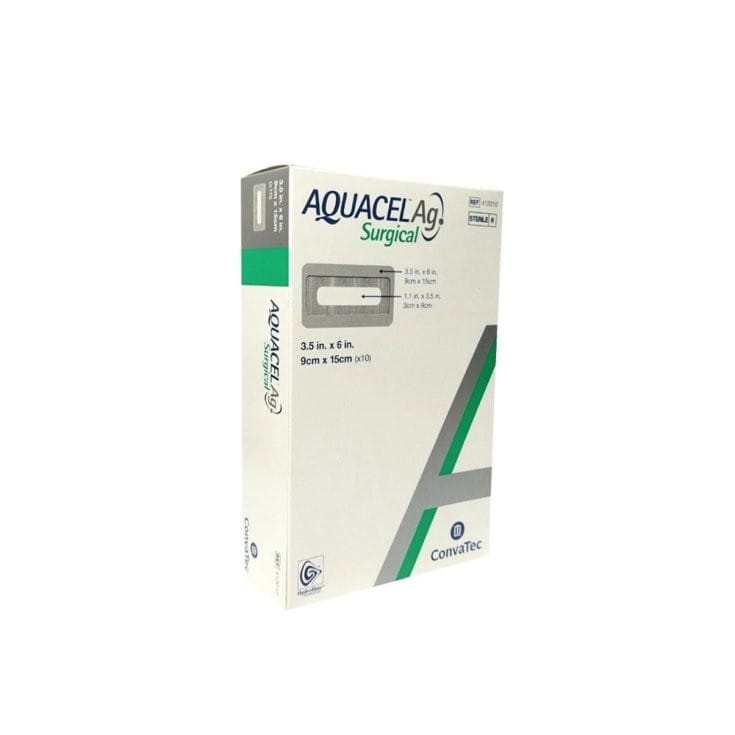MEDICAZIONE STERILE CON IDROCOLLOIDI FILM DI POLIURERETANO TAMPONE CENTRALE DI FIBRE NON TESSUTE DI CARBOSSIMETILCELLULOSA SODICA ARGENTO IONICO AQUACEL AG SURGICAL 9X15CM 10 PEZZI