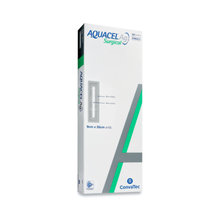 MEDICAZIONE STERILE CON IDROCOLLOIDI FILM DI POLIURERETANO TAMPONE CENTRALE DI FIBRE NON TESSUTE DI CARBOSSIMETILCELLULOSA SODICA ARGENTO IONICO AQUACEL AG SURGICAL 9X25CM 10 PEZZI