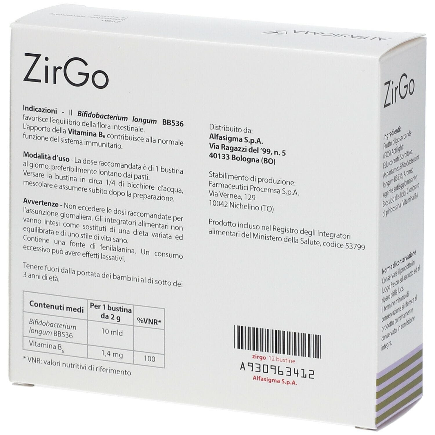Integratore ZirGo probiotico e vitamina B6, 12 bustine