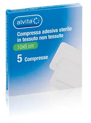 ALVITA GARZA COMPRESSA ADESIVA STERILE IN TESSUTO NON TESSUTO ESTENSIBILE BIANCO 10X8CM 5 PEZZI ALVITA GARZA COMPRESSA ADESIVA STERILE IN TESSUTO NON TESSUTO ESTENSIBILE BIANCO 10X8CM 5 PEZZI